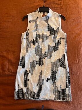 French Connection White and Black Sequin Shift Dress